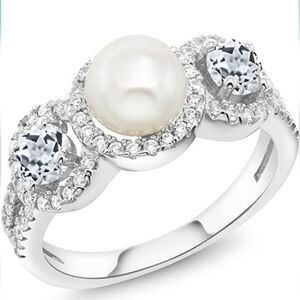 1.46ct White Topaz Diamond Pearl Ring Cultured Freshwater 925 Gift Engagement
